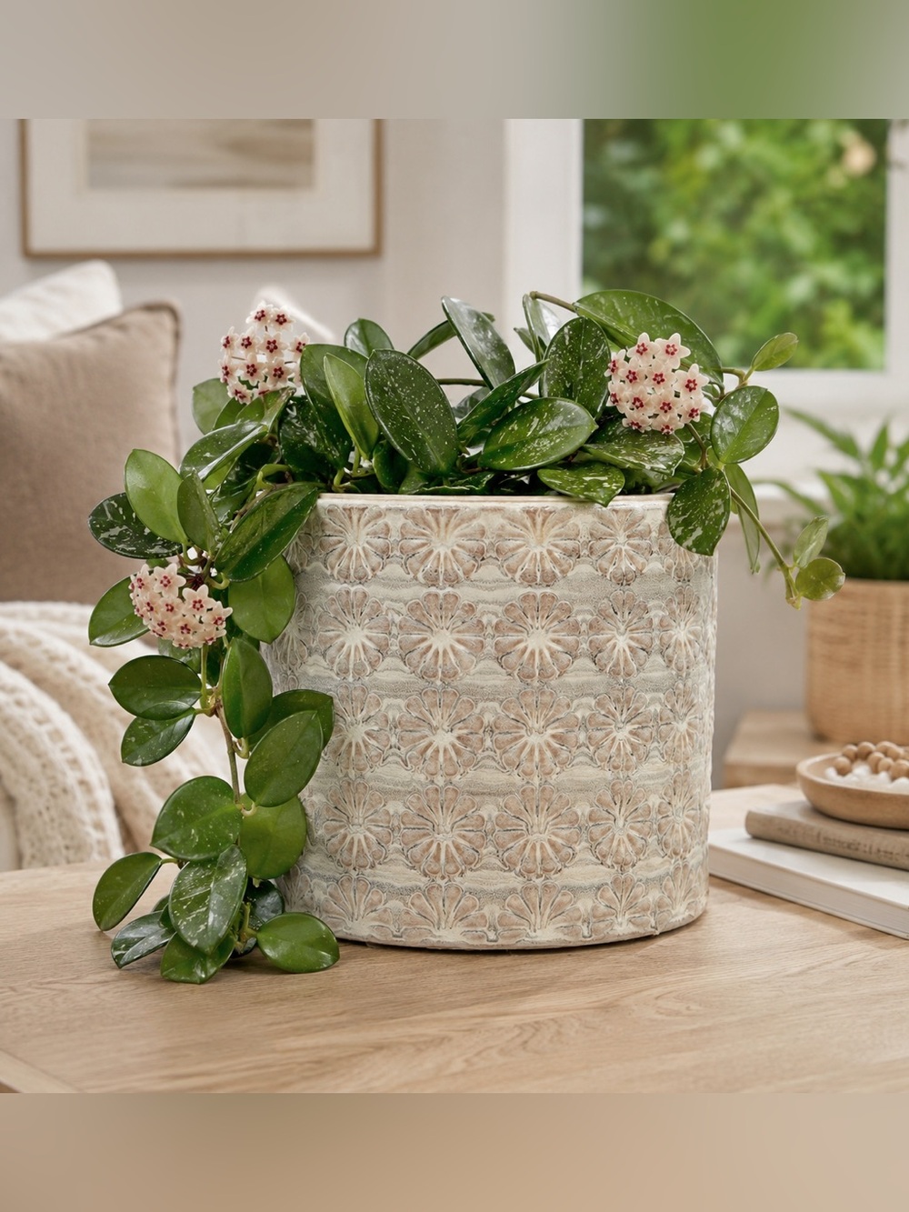 Ceramic Barrel Planter - 6 Inch Round Grey & Tan Indoor Pot